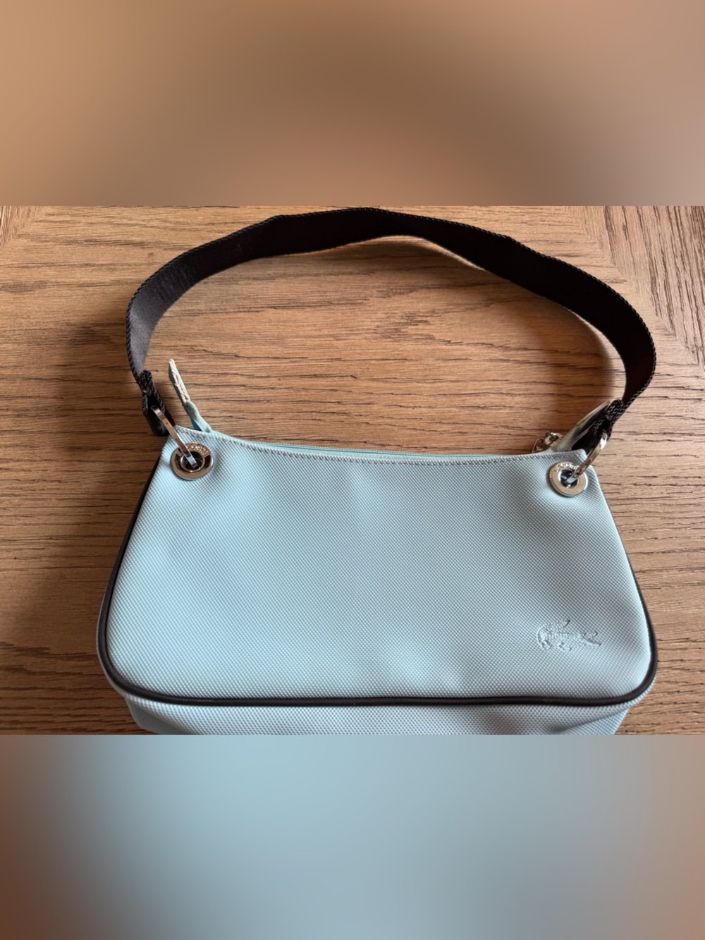 Early 2000s Lacoste Vintage “Baguette” Baby Blue Shoulder Bag with Black Strap - Picture 1 of 9